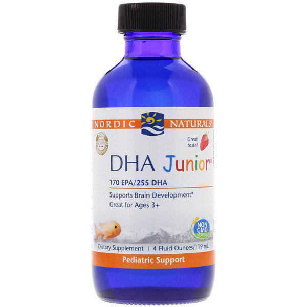 Nordic Naturals, DHA Junior, Великолепно для детей 3+, Со вкусом клубники, 4 ж. унц.(119 мл)