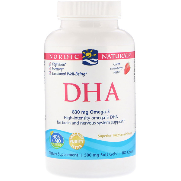 Nordic Naturals, DHA, Клубника, 500 мг, 180 мягких шариков