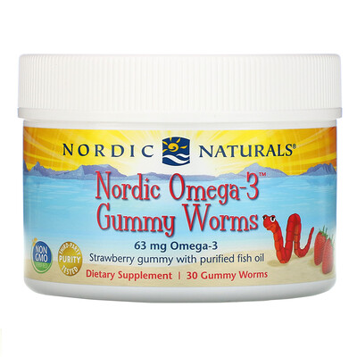 Nordic Naturals Жевательные червячки Nordic Omega-3 со вкусом клубники, 63 мг, 30 жевательных червячков