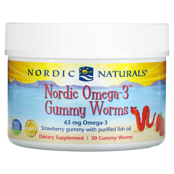 Жевательные червячки Nordic Omega-3 со вкусом клубники, 63 мг, 30 жевательных червячков