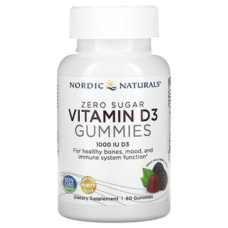 Nordic Naturals, Zero Sugar Vitamin D3 Gummies, Wild Berry, 25 mcg (1,000 IU), 60 Gummies