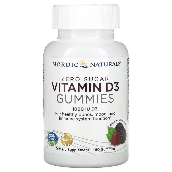 Nordic Naturals, Zero Sugar Vitamin D3 Gummies, Wild Berry, 1,000 IU, 60 Gummies
