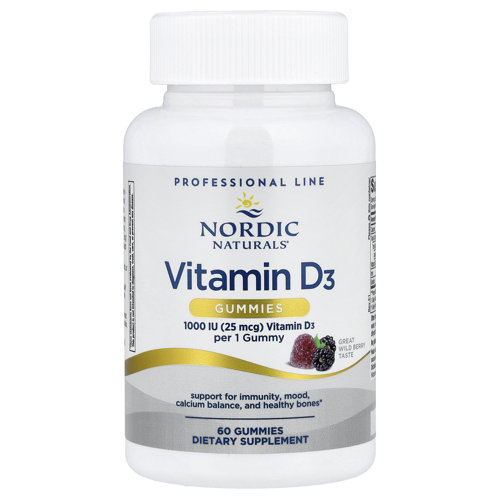Nordic Naturals (노르딕 내추럴스), 비타민D3 구미젤리, 야생 베리, 60IU, 구미젤리 60개