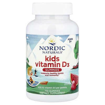 Nordic Naturals, Gomitas con vitamina D3 para niños, Niños de 3 años en adelante, Sensación de sandía silvestre, 10 mcg (400 UI), 120 gomitas