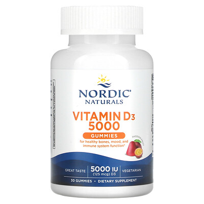 

Nordic Naturals, Vitamin D3 Gummies, Passion Fruit, 5000 IU (125 mcg), 30 Gummies