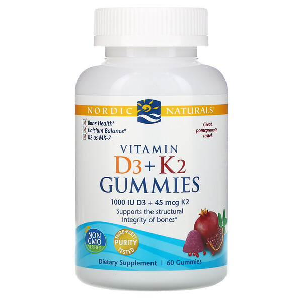 Nordic Naturals, жевательные конфеты с витамином D3 + K2, гранат, 25 мкг (1000 МЕ), 60 жевательных конфет