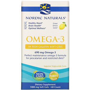 нордик Натуралс, Omega-3, Lemon, 1,000 mg, 60 Soft Gels отзывы покупателей