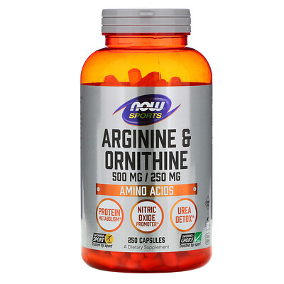 Now Foods Спортивная серия, аргинин и орнитин, 500 мг / 250 мг, 250 растительных капсул