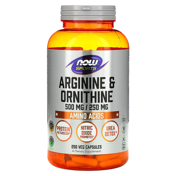 Now Foods, Sports, аргинин и орнитин, 500 мг/250 мг, 250 вегетарианских капсул