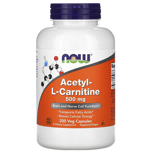 Now Foods, ацетил-L-карнитин, 500 мг, 200 вегетарианских капсул