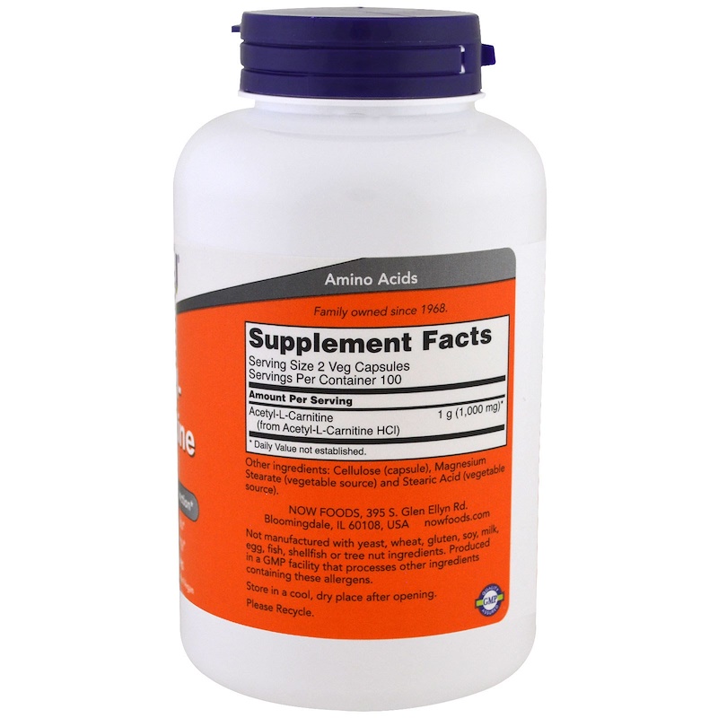 Now Foods, Acetyl-L-Carnitine, 500 mg, 200 Veg Capsules - iHerb