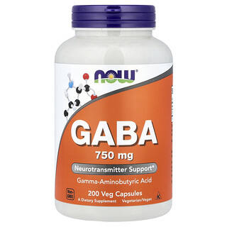 NOW Foods, GABA, Suplemento alimentario, 750 mg, 200 cápsulas vegetales