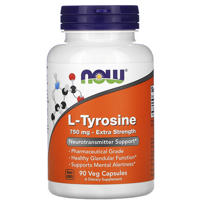 Now Foods L-тирозин, с повышенной силой действия, 750 мг, 90 растительных капсул
