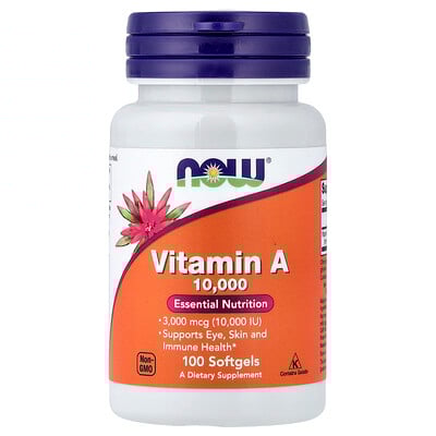 NOW Foods, Vitamina A, 3000 mcg (10.000 UI), 100 cápsulas blandas