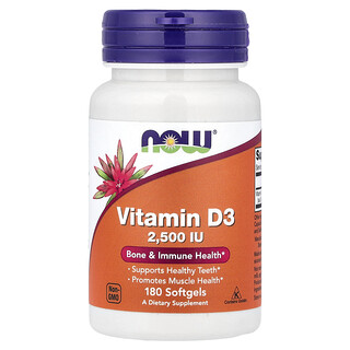 NOW Foods, Vitamina D3, 2500 UI, 180 cápsulas blandas