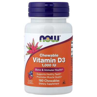 NOW Foods, Vitamina D3 masticable, Frutas, 25 mcg (1000 UI), 180 comprimidos masticables