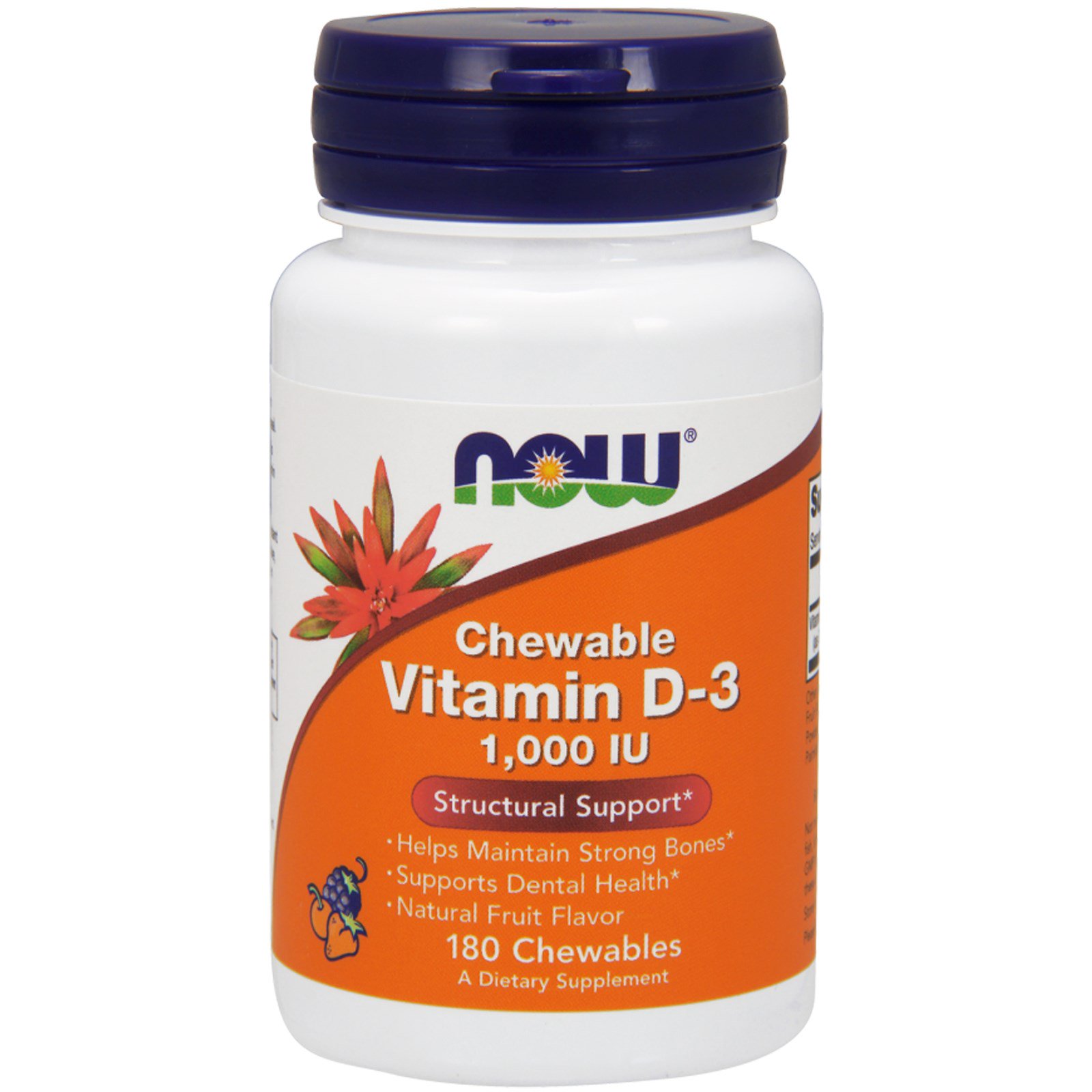 Now Foods, Жевательный витамин D-3, натуральный фруктовый вкус, 1000 МЕ, 180 жевательных таблеток