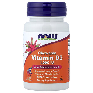 NOW Foods, Tyggetabletter med vitamin D-3, frugt, 25 mcg (1.000 IE), 180 tyggetabletter