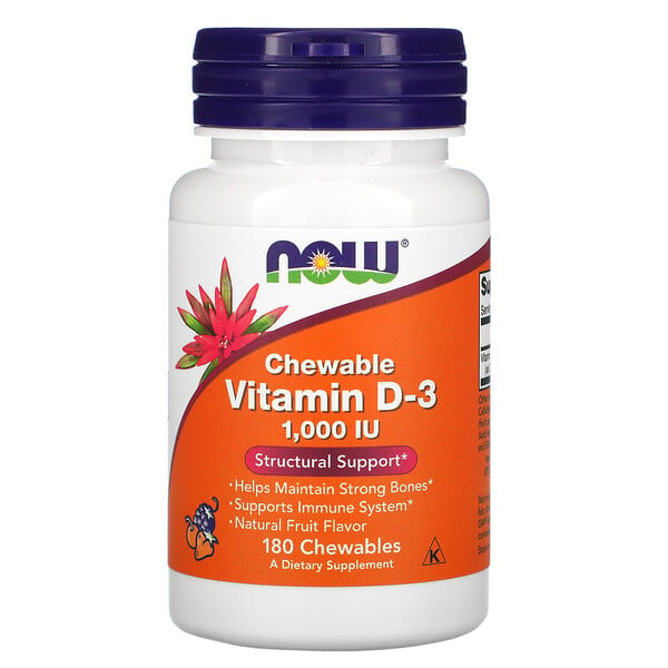 жевательный витамин D3, натуральный фруктовый вкус, 1000 МЕ, 180 жевательных таблеток