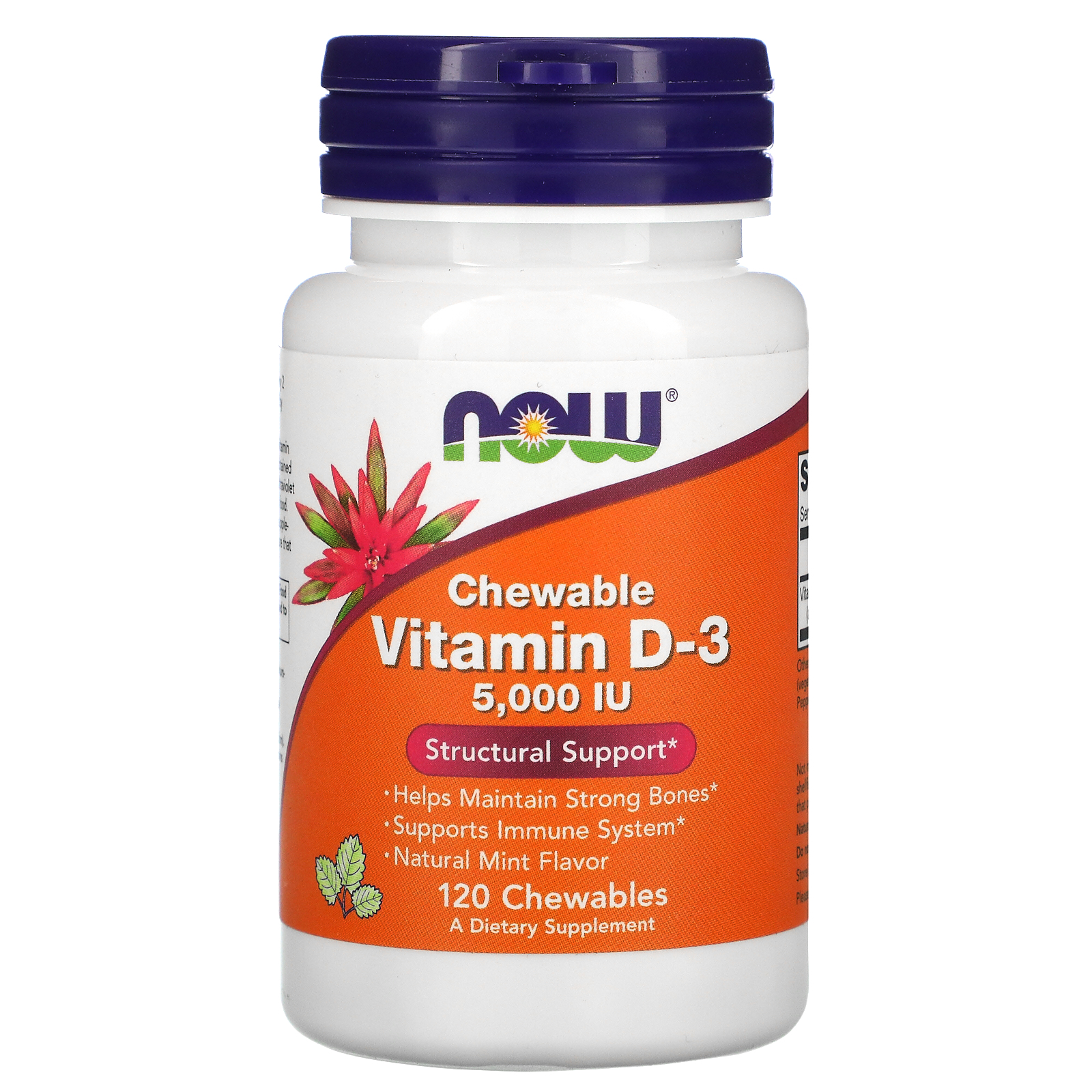 Now Foods, 維生素 D3 咀嚼片，天然薄荷味，125 微克（5000 國際單位），120 粒裝 - iHerb