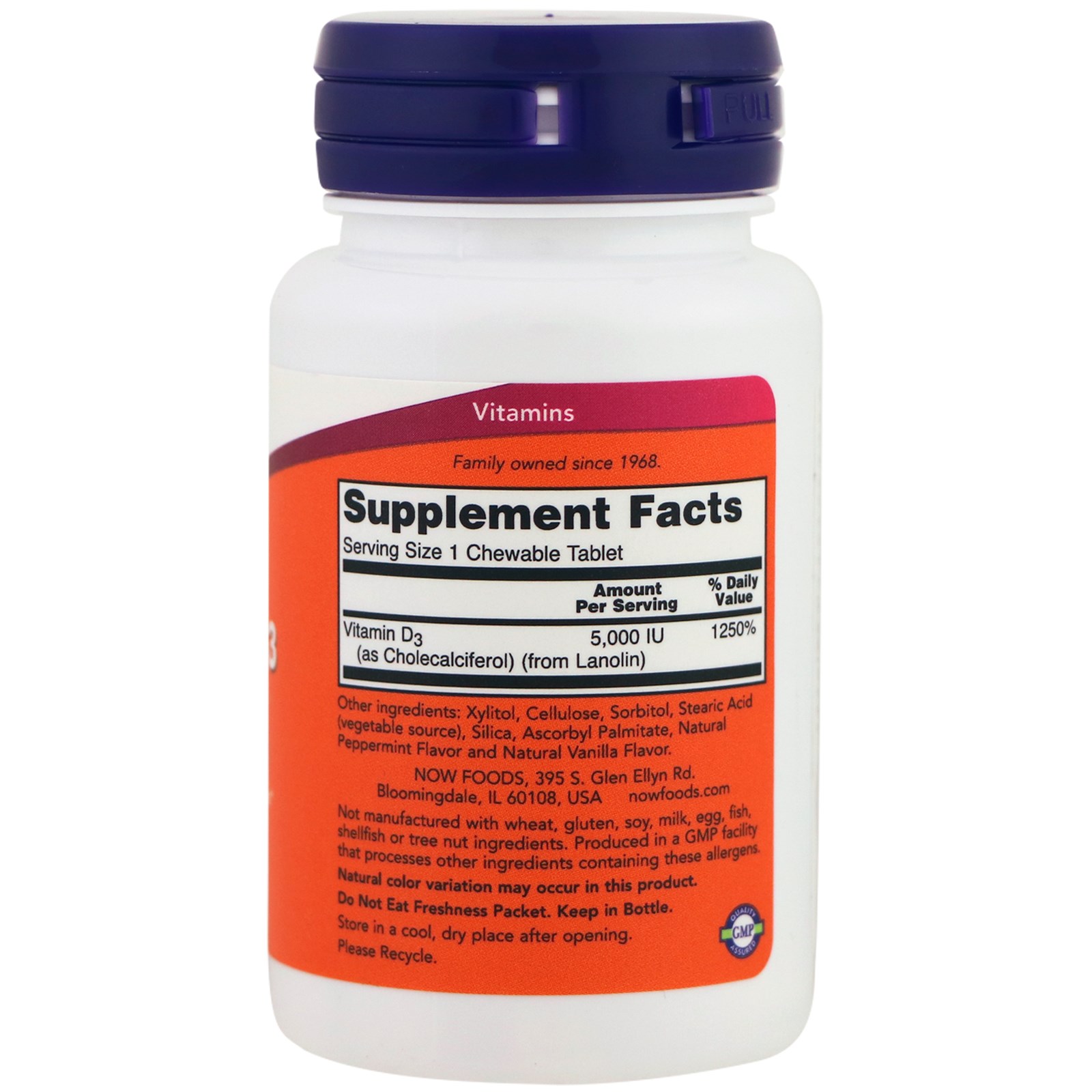 Now Foods, Chewable Vitamin D3, Natural Mint Flavor, 5,000 IU, 120