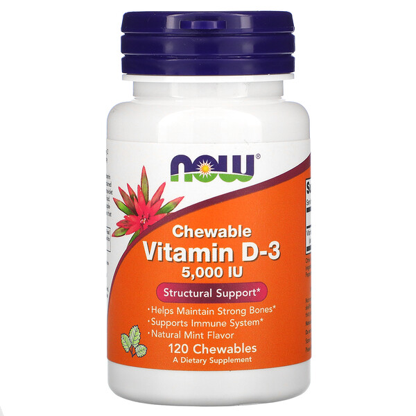 Now Foods‏, Chewable Vitamin D-3, Natural Mint Flavor, 5,000 IU, 120 Chewables