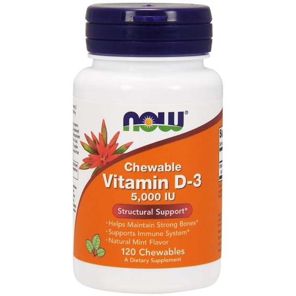 Now Foods, Жевательный витамин D3, с натуральным вкусом мяты, 5000 МЕ, 120 жевательных таблеток