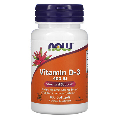 

NOW Foods витамин D3, структурная поддержка, 10 мкг (400 МЕ), 180 мягких таблеток