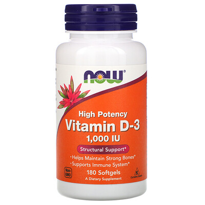 Now Foods витамин D3, высокоактивный, 25 мкг (1000 МЕ), 180 мягких таблеток