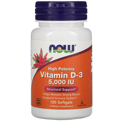 Now Foods высокоактивный витамин D3, 125 мкг (5000 МЕ), 120 мягких таблеток