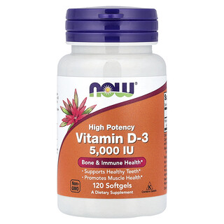 NOW Foods, Vitamina D3, Alta potencia, 125 mcg (5000 UI), 120 cápsulas blandas