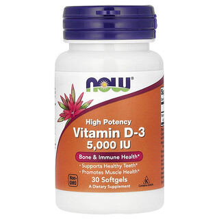NOW Foods, Vitamine D3, Haute efficacité, 5000 UI, 30 capsules à enveloppe molle