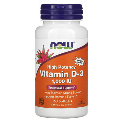 Now Foods высокоактивный витамин D3, 25 мкг (1000 МЕ), 360 мягких таблеток