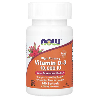 NOW Foods, Vitamine D3, Haute efficacité, 10 000 UI, 240 capsules à enveloppe molle