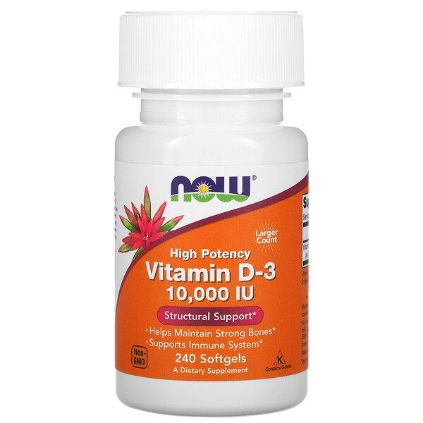 Now Foods‏, ויטמין D3, ‏250 מק"ג (10,000 יחב"ל), 240 כמוסות רכות