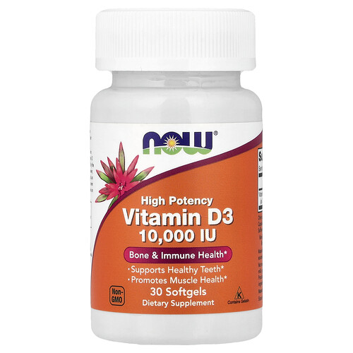 NOW Foods, Vitamin D-3, High Potency, hochwirksames Vitamin D3, 250 mcg (10.000 IU), 30 Weichkapseln