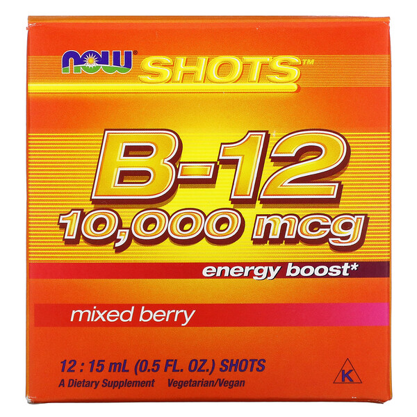 Now Foods‏, Shots, תוסף B-12 בטעם פירות יער, 1000 מק“ג, 12 מנות, 15 מ“ל (0.5 אונקיות) כל אחת.