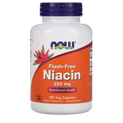Now Foods Ниацин, не вызывающий покраснений, 250 мг, 180 растительных капсул