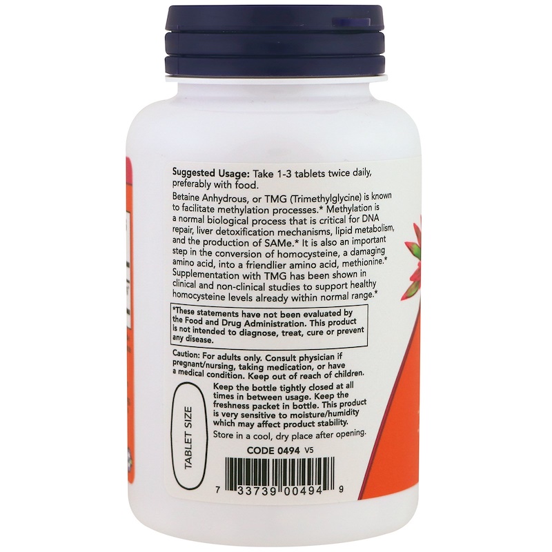 thumbnail image 2 of NOW Foods TMG Betaine 1000mg Tablets - 100 Count For Heart Health & Methylation Support 2 of 12