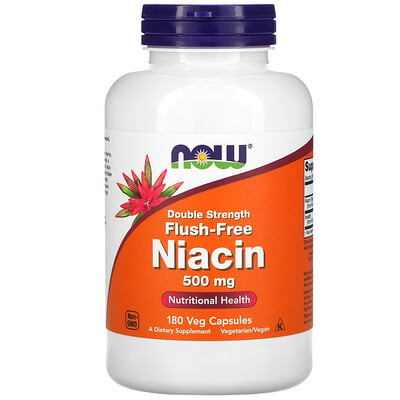 Now Foods Ниацин двойной концентрации, не вызывающий покраснений, 500 мг, 180 растительных капсул