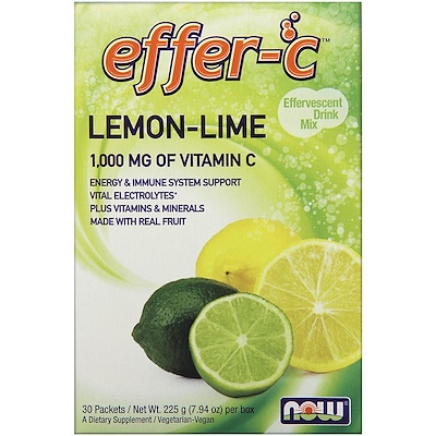 Now Foods Effer-C, шипучий напиток, лимон-лайм, 30 пакетиков, (7,5 г) каждый