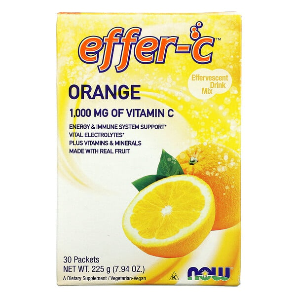 Now Foods, Effer-C, Mezcla para preparar bebidas efervescentes, Naranja, 1000 mg, 30 sobres, 7,5 g (0,26 g) cada uno