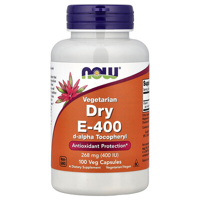 NOW Foods, Vitamina E-400 seca vegetariana, 268 mg (400 UI), 100 cápsulas vegetales