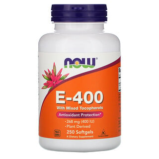 Now Foods, E-400 com Tocoferóis Mistos, 268 mg (400 UI), 250 Cápsulas Softgel
