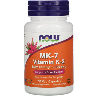 Now Foods MK-7, витамин K-2, повышенная сила действия, 300 мкг, 60 растительных капсул