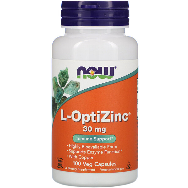 NOW Foods, L-OptiZinc、30 mg、植物性カプセル 100粒