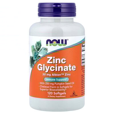 NOW Foods, Glicinato de zinc, 120 cápsulas blandas