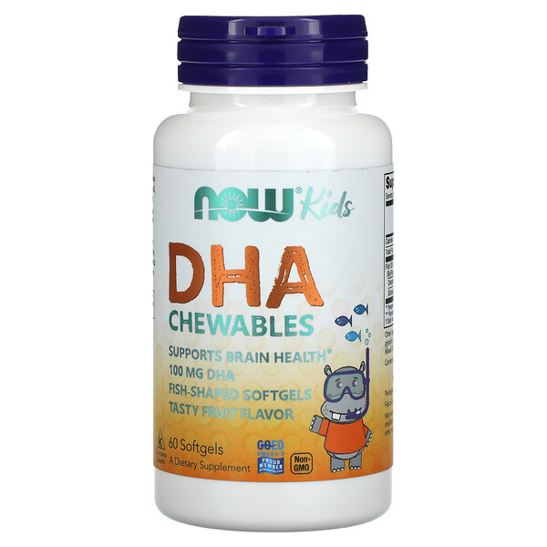 Now Foods‏, תוסף DHA לעיס לילדים, בטעם פירות טעים, 60 כמוסות ג‘ל רכות