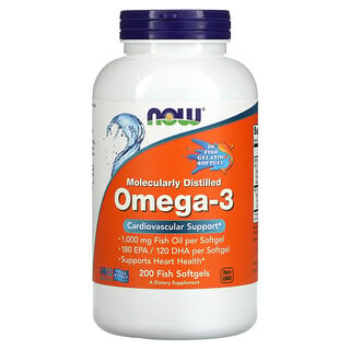 Now Foods, Omega-3 obtenido por destilación molecular, Ácido eicosapentaenoico: 180/Ácido docosahexaenoico: 120, 200 cápsulas blandas de pescado