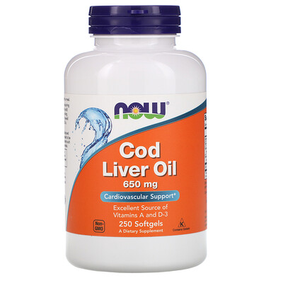 

Now Foods Cod Liver Oil, 650 мг, 250 мягких желатиновых капсул